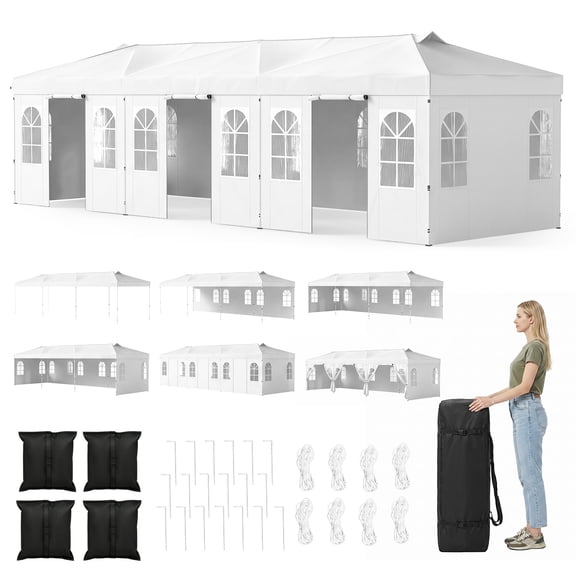 Costway 10 x 30 FT Pop Up Canopy Tent with 8 Sidewalls Adjustable Height Reflective Strips White