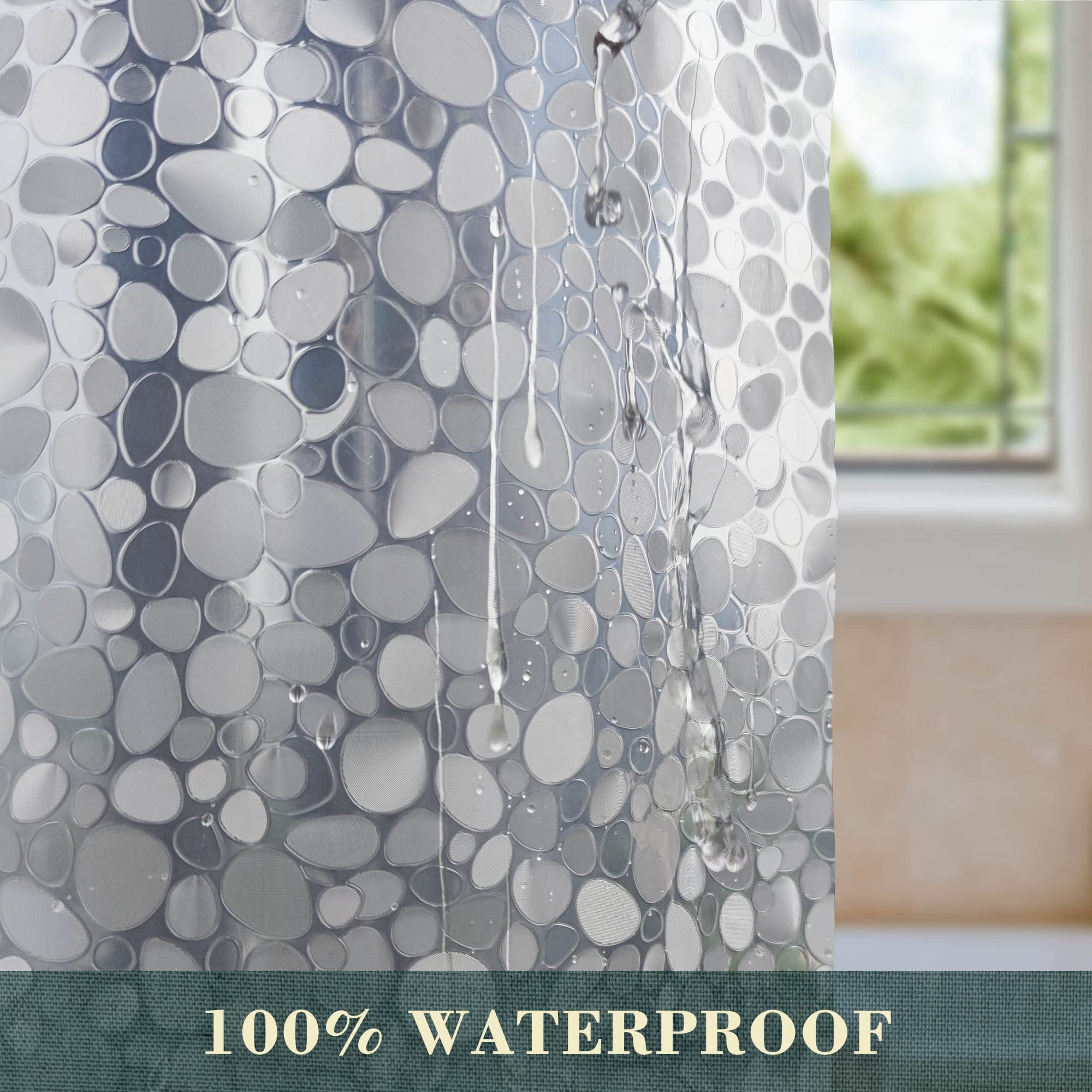 No Hook Shower Curtain Or Liner - 8g Heavy Duty Cobblestone Bathroom Hooks Required  Waterproof Plastic & Pvc Free Standard Size 71 X 74 Pebble
