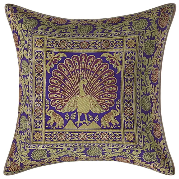 Stylo Culture Ethnic Boho Brocade Purple And Gold Throw Pillow Covers 16x16 Jacquard Weave Banarsi Linen Pillow Covers Dancing Peacock Floral 40x40 cm Decorative Cushion Covers (1 Pc)