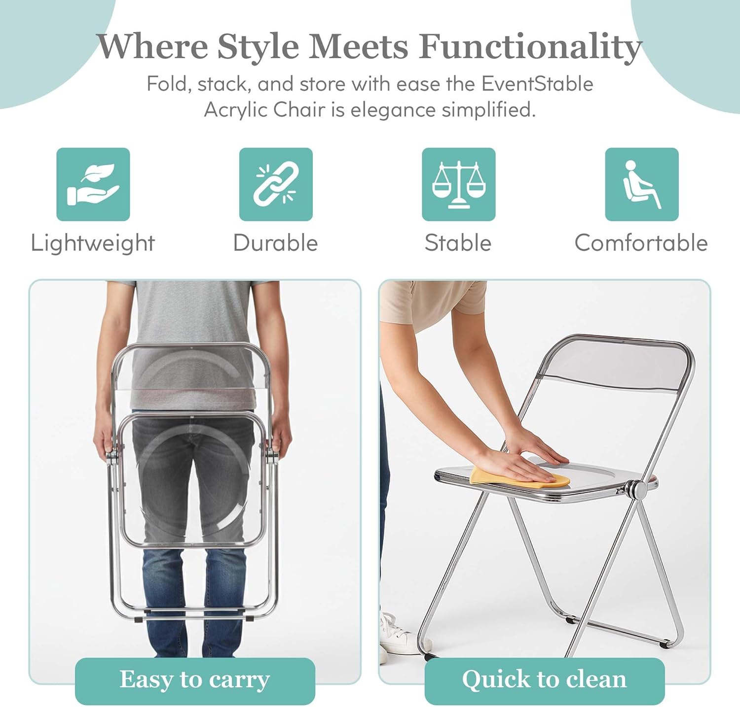 EventStable Clear Acrylic Folding Chair with Electroplate Chrome Frame, Lightweight Portable Seating Stackable Comfortable Chair for Indoor Outdoor Dining, Events & Parties - Clear - 4-Pack
