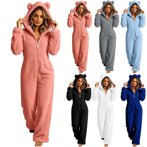 DIOAZUD Women's Fuzzy Fleece Onesie Pajamas Hooded Zip up Sleepwear Jumpsuit with Pockets Soft Cozy Warm Lounge Wear