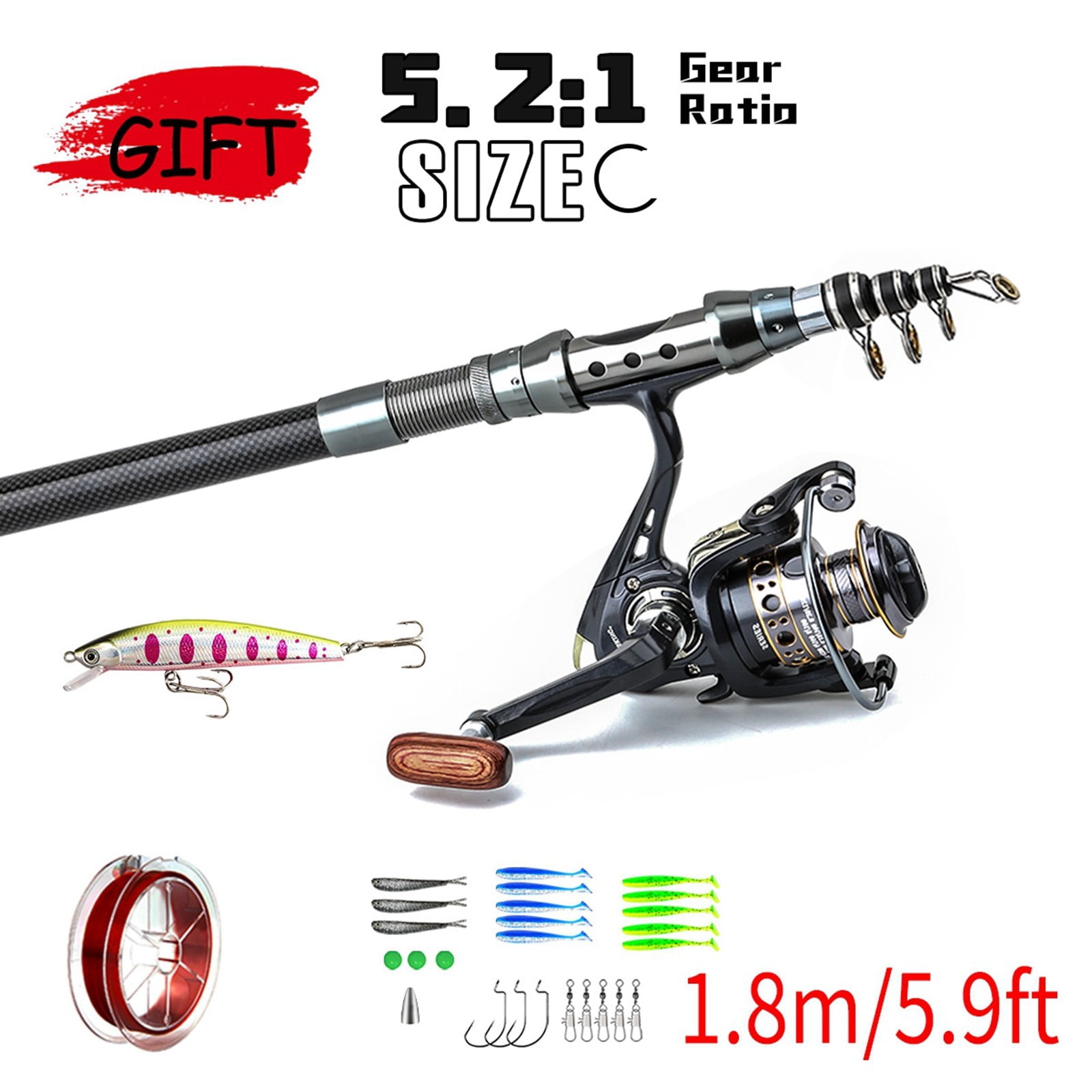 1.8m fishing reel 1. 8M-2.7M Carbon Fiber Telescopic Rod Set, Cork Handle Bait Trout Spinning Rod Reel Combo, Portable Super Hard Long-range Trout Rod, Spinning Combo ZYHWD (Size : 2.7m) Sports 8 Gear Ratio(HB1000) 80W 2-Speed Fishing Reel on
