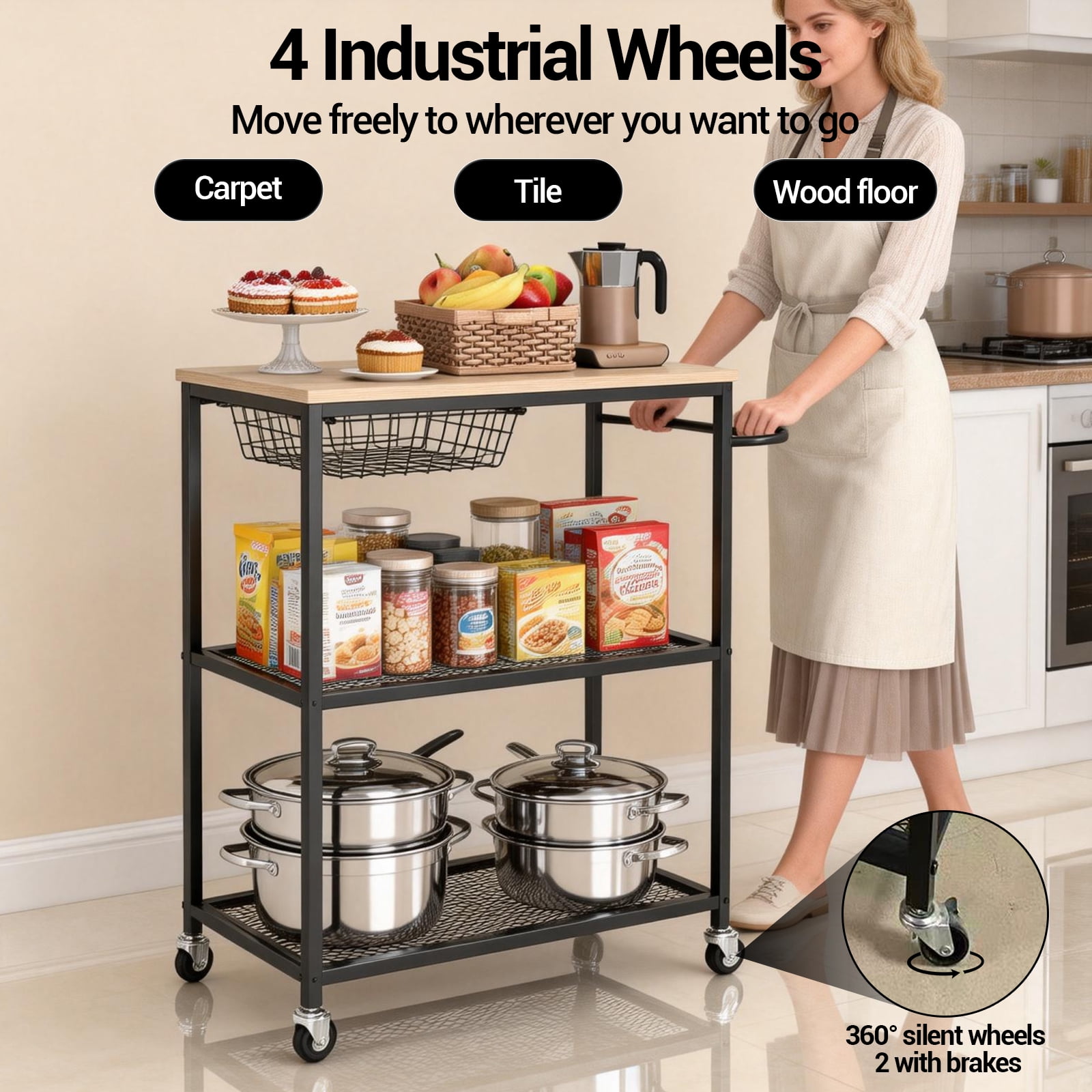 Soonbuy 3-Tier Kitchen Storage Cart, Baker’s Rack with Push Handle, Coffee Bar, Kitchen Storage Cart with Storage for Kitchen Island Restaurant Living Room