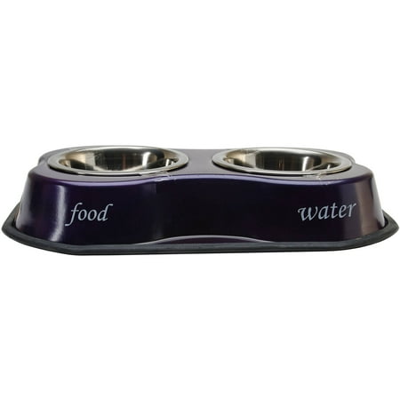 Bone Shaped Double Diner W/2 1pt Stainless Steel Bowls, Food and Water Print Purple