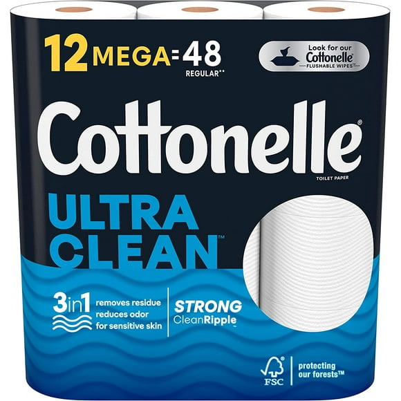 Cottonelle Papier Toilette Ultra Propre, Papier Hygiénique Solide, 12 Méga Rouleaux (Soit 48 Rouleaux Réguliers)
