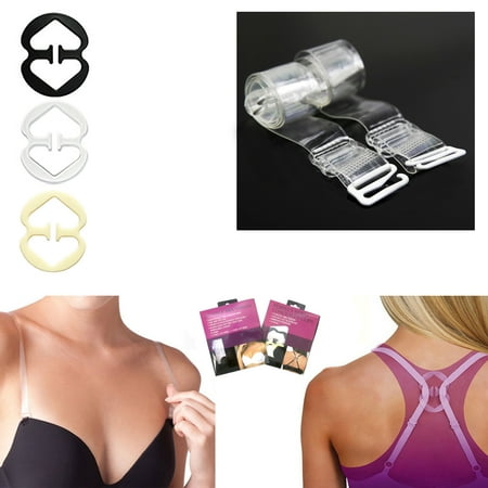 2 Pair Clear Invisible Bra Straps 3 Cleavage Control Holder Clips Conceal