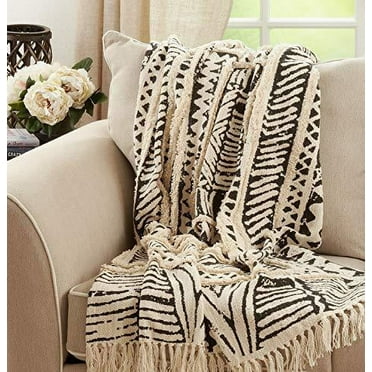 Fennco Styles Abstract Block Print Embellished Cotton Throw Blanket with Tassel 50" W x 60" L – Black Tufted Blanket for Couch, Bedroom and Living Room Décor