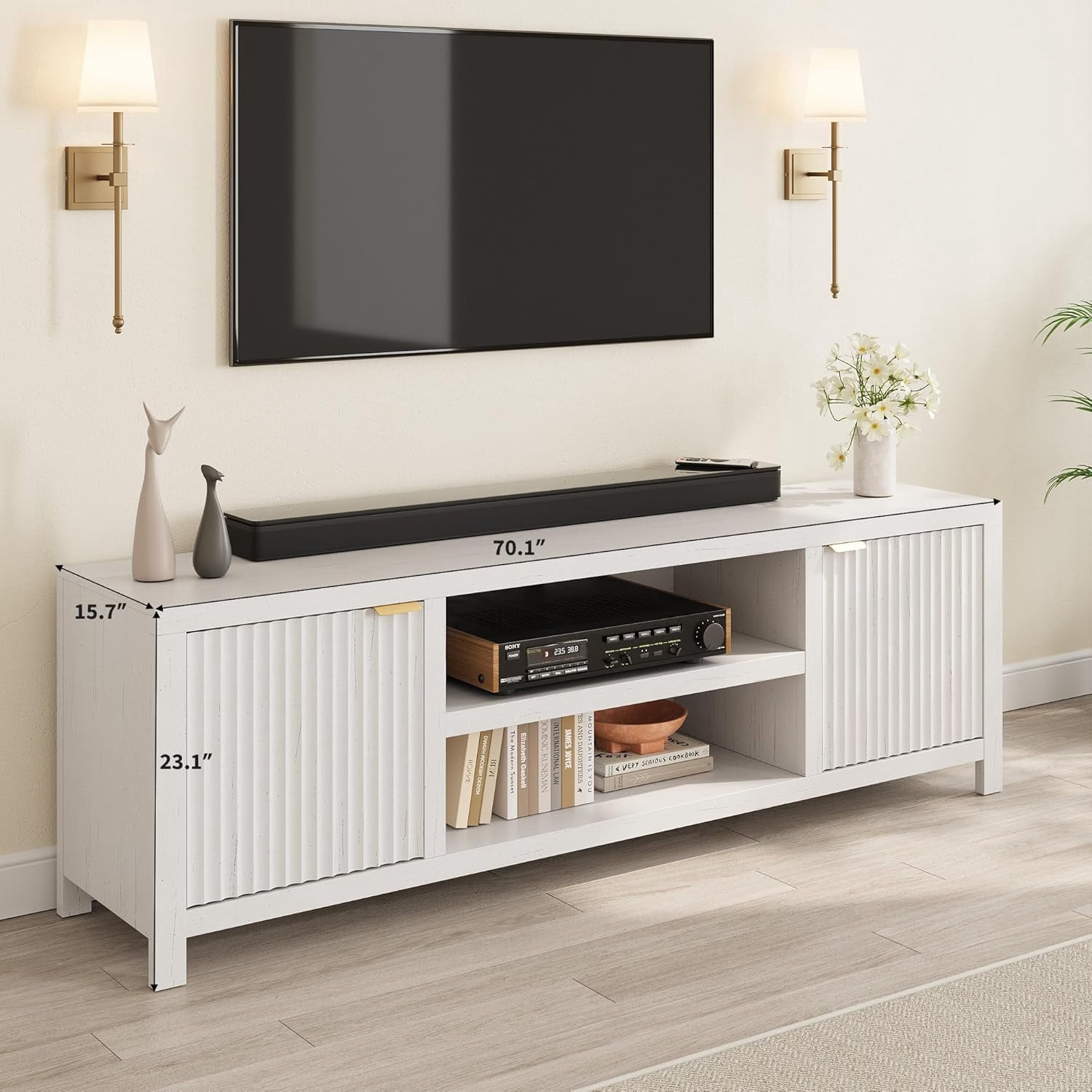 Garvee Fluted TV Stand for 80 Inch TV, Modern Entertainment Center with Storage, Media Console with Gold Handles & Fluted Doors, White