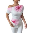 thumbnail image 2 of Women'S Off Shoulder Floral Shirt Ruched Asymmetrical Short Sleeve Fitted Going Out Top Cream White M, 2 of 9