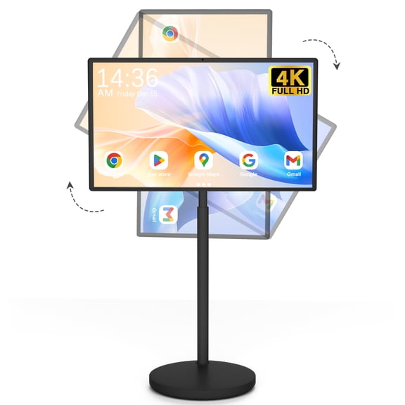 Wireless Portable TV on Wheels, Rolling Tablet with Smart Touch Screen Monitor, Built-in Battery and Camera, Voice Remote Control, Full Swivel Rotation and Height Adjustment for Everyone (Black)