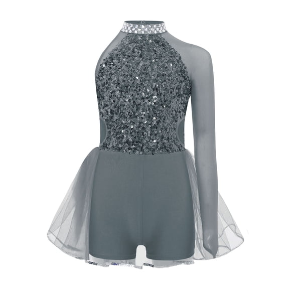 Sholeno Kids Girls Sequin Jazz Ballet Dance Tulle Skirted Leotard Gymnastics Bodysuit Short Jumpsuit Gray 6