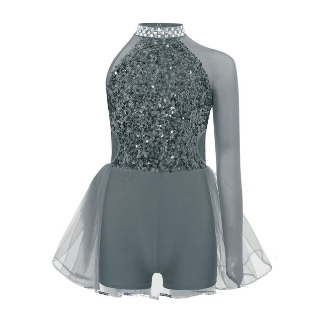 TTAO Robe Justaucorps de Danse Jazz à Paillettes pour Filles, Manches Longues, avec Strass, Tutu de Danse, Gris 12