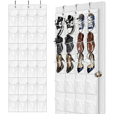 Over the Door Shoe Organizer, 24 Large Breathable Mesh Pockets, Space Saving Hanging Storage Holder, Closet Rack Hanger Holds Up to 40 lbs, Hangs on Closets for Shoes, Accessories, White