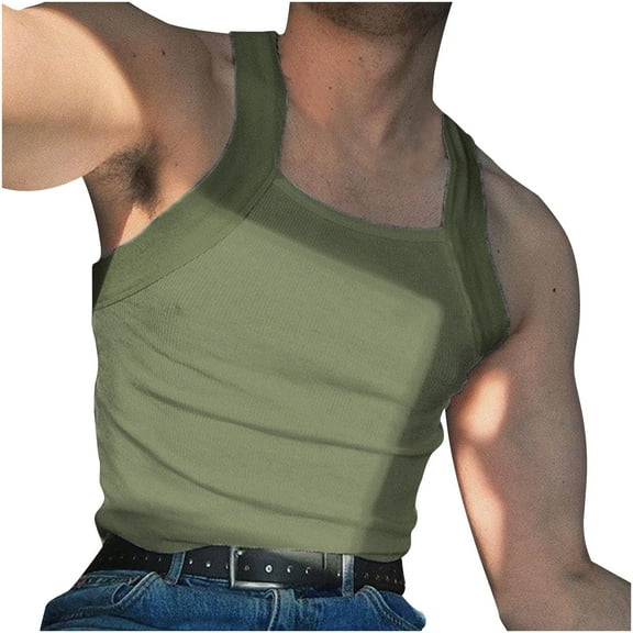 YYDGH Men's Ribbed Tank Tops Square Neck Cut Muscle Tank Tops Slim Fit Underwear Shirts Summer Fashion Sleeveless Compression Vests Army Green XL