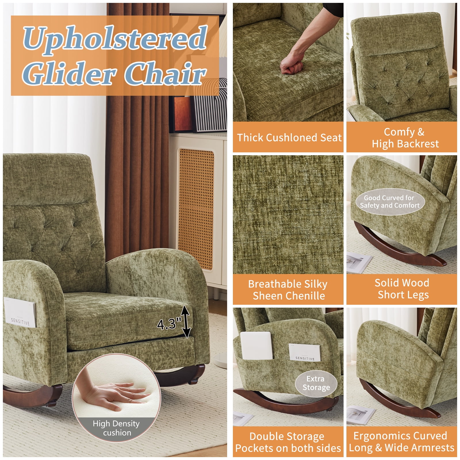 Ktaxon Rocking Accent Chair Glider Reading Chair Comfy Chenille Upholstered Single Sofa Rocker for Living Room, Nursery, Bedroom Olive Green