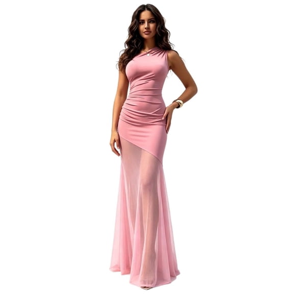 Women's One Shoulder Mesh Patchwork Maxi Dress Sleeveless Fitted Sexy Sheer Long Dress For Club Evening Party