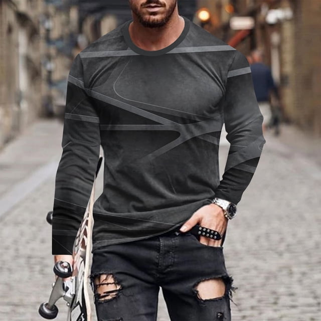 Blusas y camisas de manga larga con cuello redondo para hombre, blusa informal de manga larga con cuello redondo y estampado de rayas, blusa de poliéster para hombre