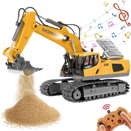 Ficcug Remote Control Excavator 11 Channel Rechargeable RC Truck Construction Tractor Car Toys with Alloy Shovel  / Lights / Sounds,Toy Gift for 3-5 4-7 8-12 Boys Girls Kids