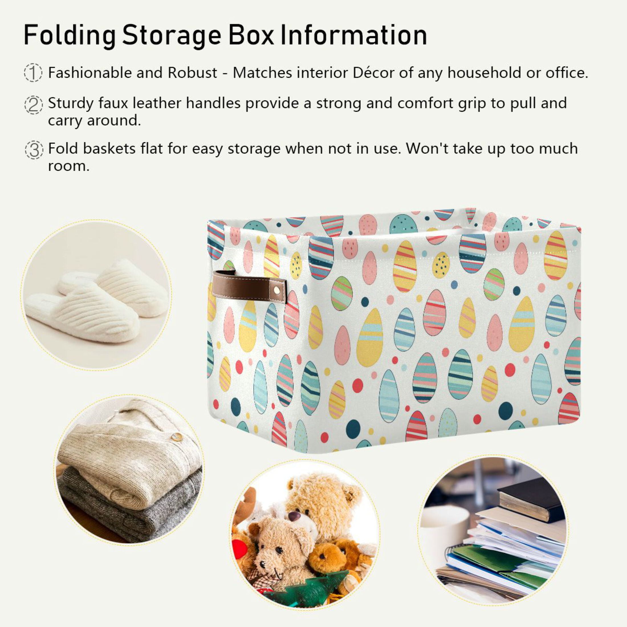 Easter Eggs with Color Stripes Storage Bins with Handle Fabric Organizer Basket Foldable Box 2 Pack 14.2x10.2x8.3