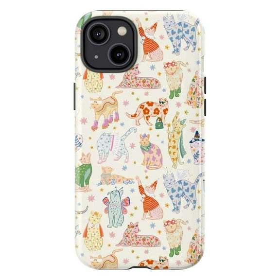 Whimsical Colorful Cat Pattern Phone Case, Fun Cartoon Kitty Print iPhone Cover, Cute Artistic Cat Lover Protective Case for iPhone 16 15 14 13 12 11