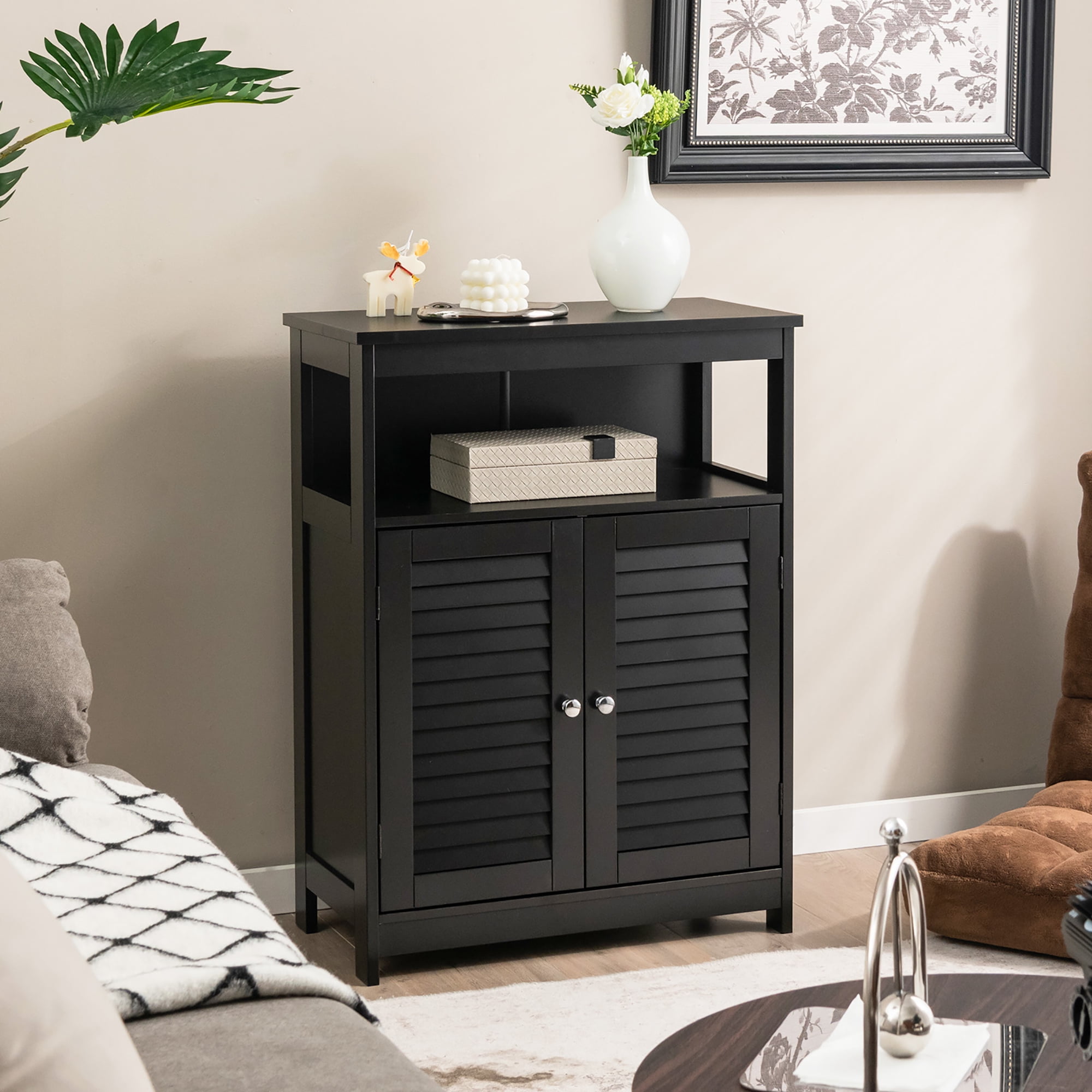 Costway Bathroom Storage Wood Floor Cabinet with Double Shutter Door Black