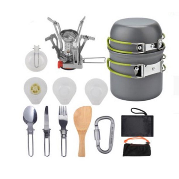 Utensilios de cocina para acampar, juego de ollas y sartenes con Mini estufa para acampar, taza de acero inoxidable, soporte para tanque deportivo y Herramientas de limpieza