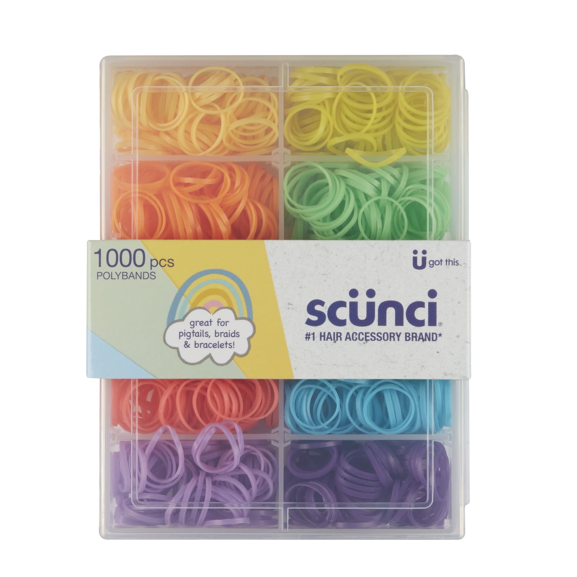 Scunci No Damage Mini Poly-band Ponytail Holder Hair Ties with Case, Assorted Bright Colors, 1000 Ct