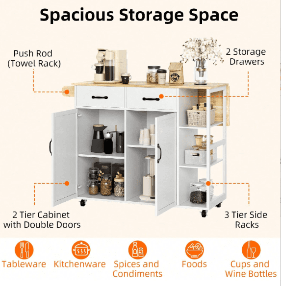 Ataucjin Kitchen Island with Wood Top and Drop Leaf Breakfast Bar Mobile Cart with 2 Door Cabinet,2 Storage Drawers,Spice Rack Towel Holder,Wine-Rack,Foldable Rubberwood Table Top,White