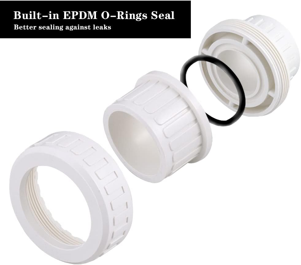 2" PVC Union Coupling Pipe Fitting (Socket x Socket) PVC Adapter Schedule 40, EPDM O-Ring, White 2 Pack