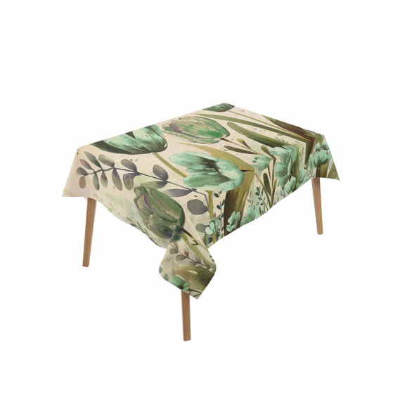 Green Spring Floral Table Cloth, Summer Botanical Tulip Vintage Waterproof Tablecloth for Rectangle Tables, Reusable Washable Fabric Table Cover for Restaurant Kitchen Dining Tables 52"x70"