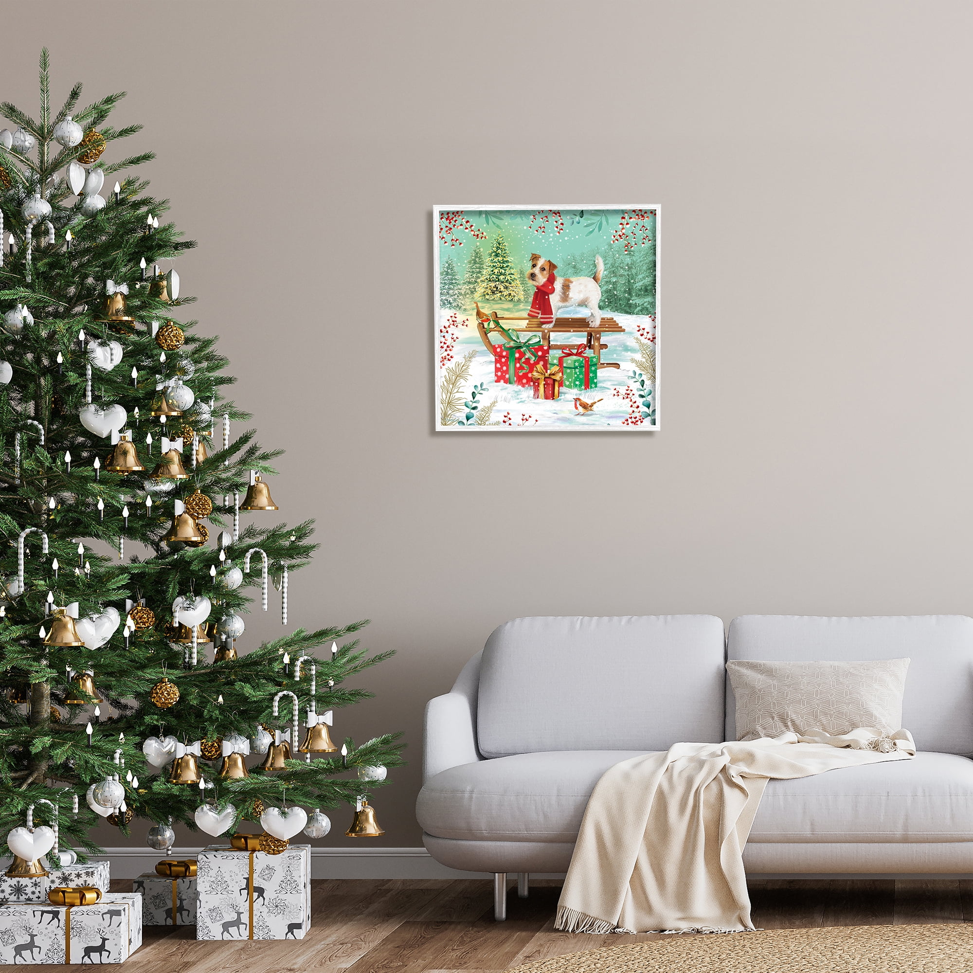 Stupell Industries Puppy On Sled Christmas Gifts Holiday Painting White Framed Art Print Wall Art