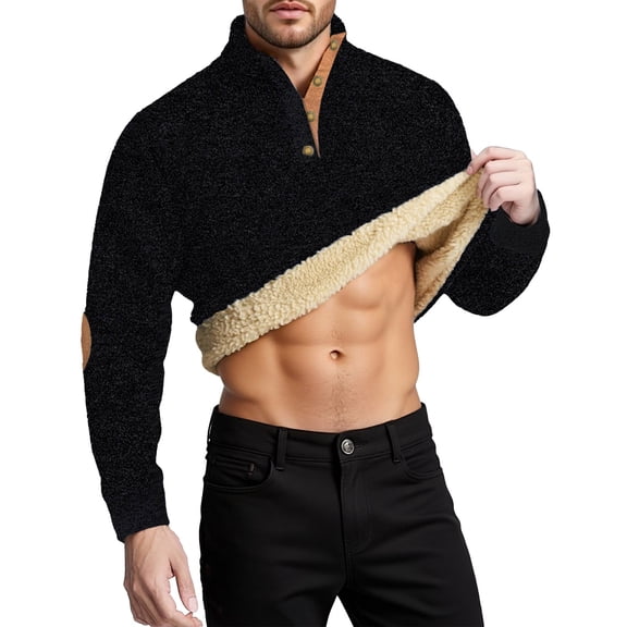GBSYEWXS Pullover For Men Henley Solid Color Long Sleeve Sweatshirts Fleece-Lined Gentleman Black Tops