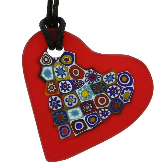 GlassOfVenice Murano Glass Matte Millefiori Heart Necklace - Red