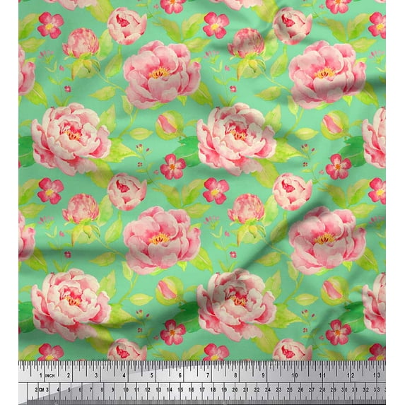 Soimoi Green Cotton Duck Fabric Leaves & Peony Floral Print Fabric by Yard 42 Inch Wide