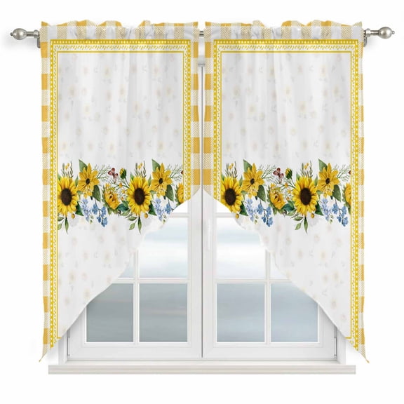 Swag Valance Curtains for Windows, Sunflower Light Filtering Kitchen Curtains with Rod Pocket, Yellow Flowers Yellow Plaid Farmhouse Window Treatment Valances for Living Room, 28x36 - 2 PCS