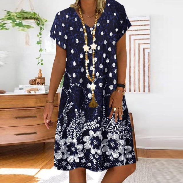 WILLBEST Robes Longues et Robes de Soirée Mode Femmes Décontractées Ample à Pois Floraux Patchwork Col en V Manches Courtes Robe