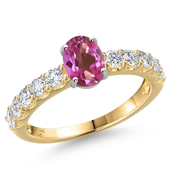 Gem Stone King 14K Two Tone Gold Pink Mystic Topaz and Lab Grown Diamond Engagement Ring for Women | 1.45 Cttw | Oval 7X5MM | Gemstone November Birthstone | Size 6