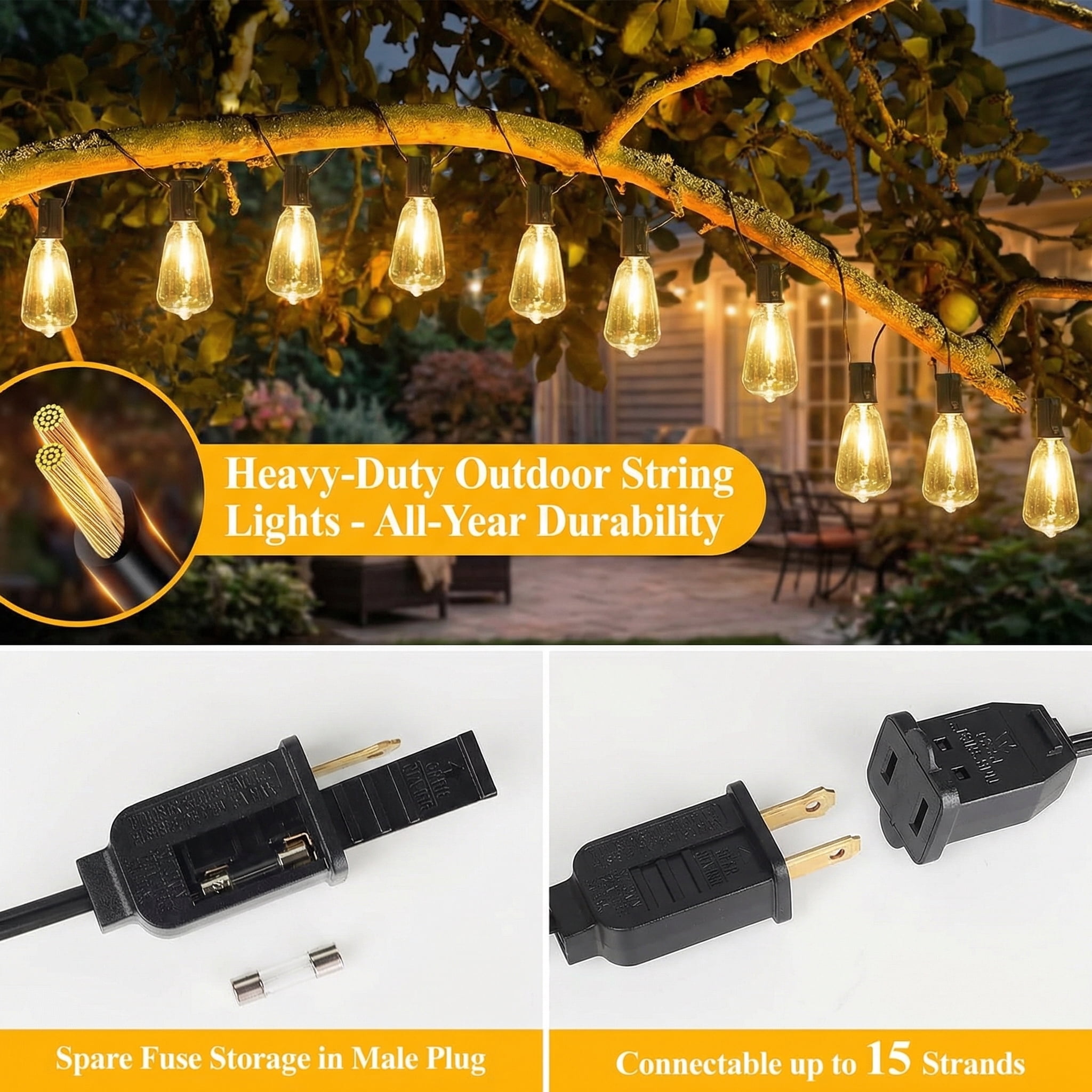 Nordic Hygge LED Outdoor String Lights 100FT Patio Lights with 52 Shatterproof ST38 Vintage Edison Bulbs