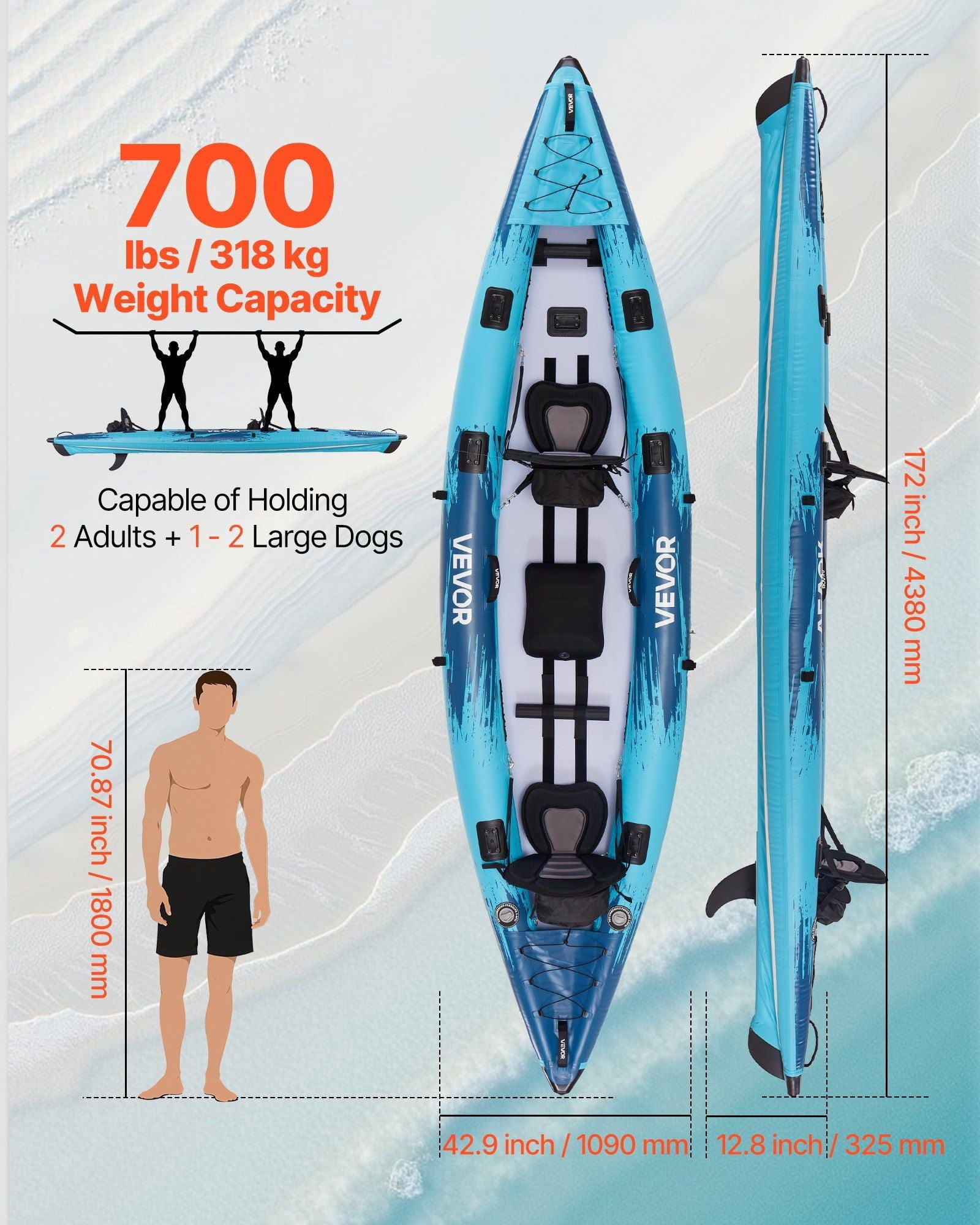 Inflatable Kayak 2-Person Inflatable Recreational Kayak 700LBS Capacity