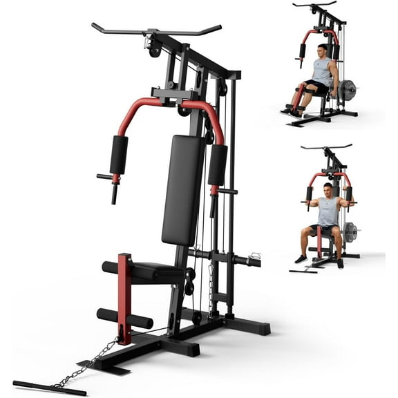 JoanKaren Multifunctional Home Gym System Workout Station for Full Body Strength Training,Red