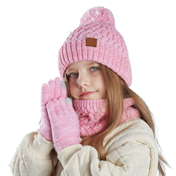 Kids Winter Hat Gloves Scarf Set Girls Boys Knit Hat with Pom Neck Warmer Mittens Set Toddlers Cold Weather Accessories for Kids 4-10 Years