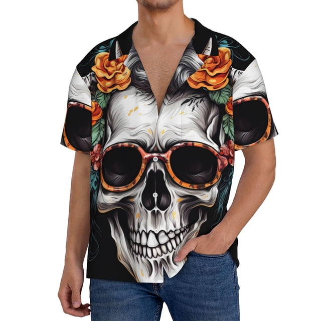 Balery Flower Horn Skull A Camisa Casual de Manga Corta con Botones para Hombre, Texturizada, Estilo Cubano, para Playa, Verano-Large