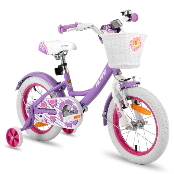 HILAND Petal Girls Bike for Kids Ages 3-7 Years Old, 14 16 Inch Children's Bike with Training Wheels Basket Bell, Purple