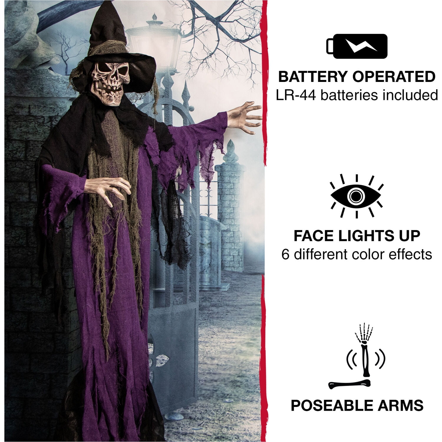 Haunted Hill Farm Life-Size Skeleton Witch Prop w/ 6-Function Multi-Color Light, Multicolor