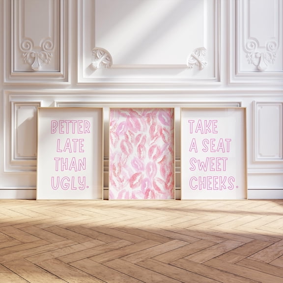 Preppy Pink Bathroom Set of Three Prints Sweet Cheeks Kisses Wall Art, Poster Only