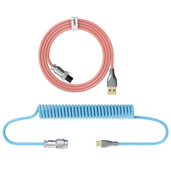 HXSJ USB to Type-C Keyboard Coiled Cable Detachable Mechanical Keyboard Coiled Cable with Metal Aviation Connector TPE Pink+Blue