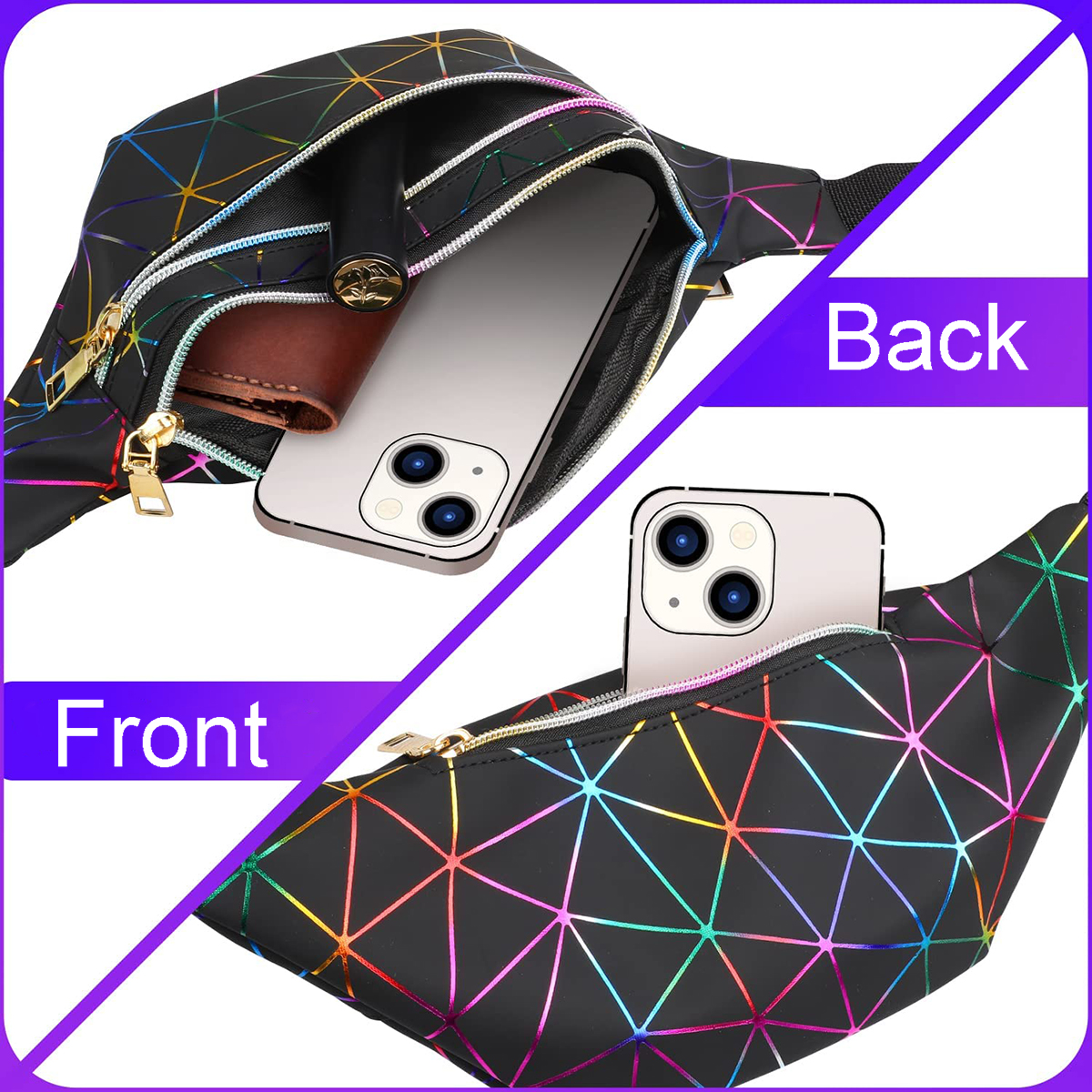 Holographic Waist Bags for Women Pink Silver Fanny Pack Women Belt Bag Black Geometric Waist Chest Phone Bag Men - image 3 of 7
