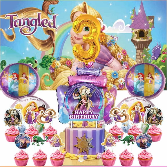 Long Hair Princess Party Supplies Decor 3rd Kit Balloons Birthday Cake Topper Banner Backdrop Decorations