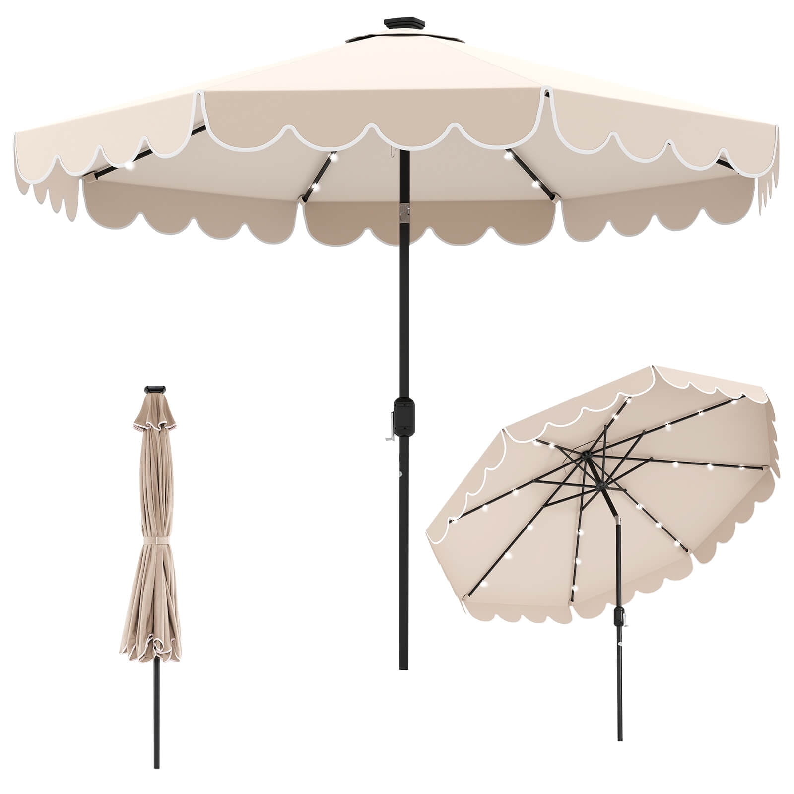 Costway 10 FT Solar Patio Umbrella with 24 LED Lights 8 Ribs & Tilt Adjustment Beige