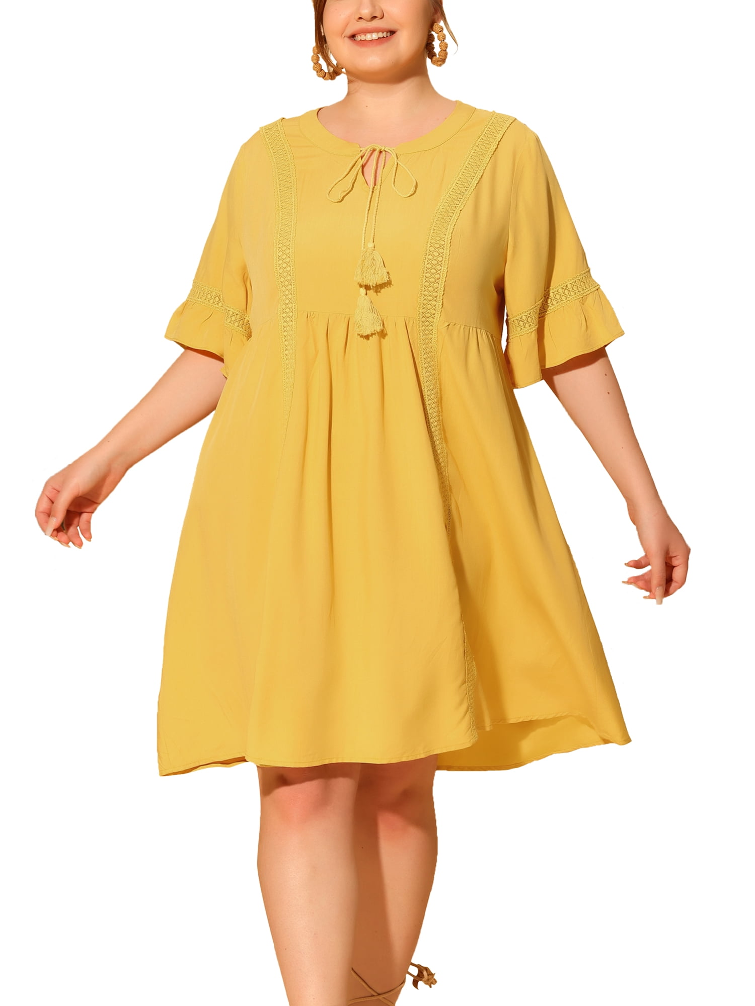 DARING DIVA Plus Size Ruffle Short Sleeve Lace V Neck Midi Dress 1X Yellow